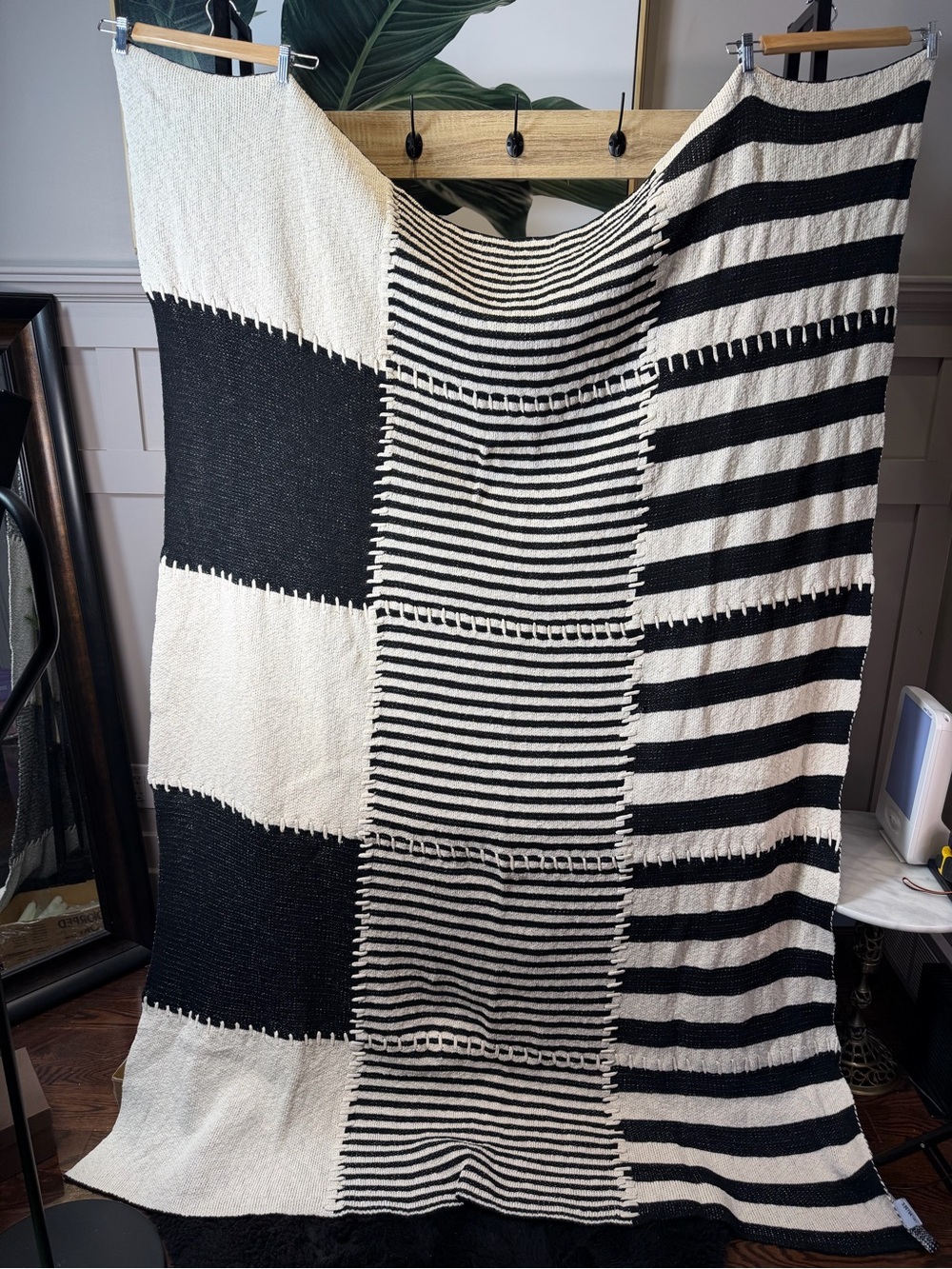 iD:MINE 100% cotton Black & White Striped Patchwork Blanket Rustic Throw 78”x52”